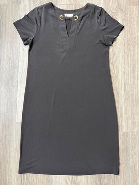 Michael Kors Black Mini Dress XS Gold Grommet V Neck Short Sleeve LBD Chic Y2K